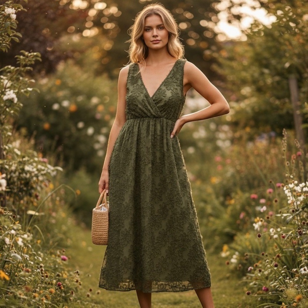 RWJ Dress Womens Large Green Floral Lace Maxi Sleeveless Smocked Fit Flare